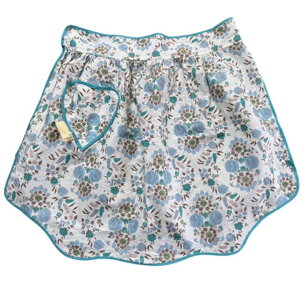 Vintage Lenore Fabrics Floral Half Apron Blue Cream Cottagecore Heart Pocket NOS